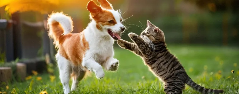 Um cachorro e um gato brincando na grama.